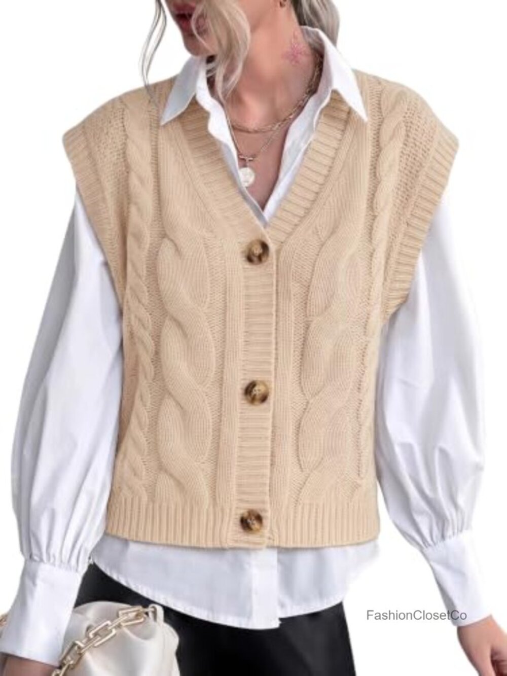 Womens Sleeveless Cable Knit Sweater Vest Button Down V-Neck Cardigan Fall